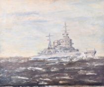 An oil on canvas of a warship at sea. Unsigned, 45.5cm x 56cm.