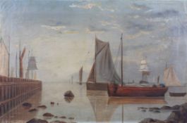 A 19th century/early 20th century, oil on canvas, harbour scene with boats.