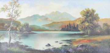 A large mid-century landscape - scene with mountains and lake, oil on canvas.