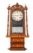 A Late 19th Century walnut and marquetry cased wall clock. Maker name illegible. Pendulum present.