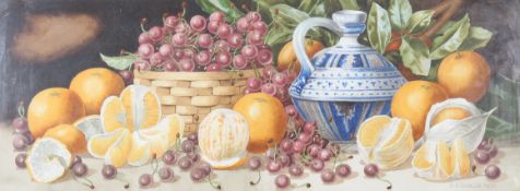 E.A.Birch (20th century) watercolour still life of a stoneware jug with fruit