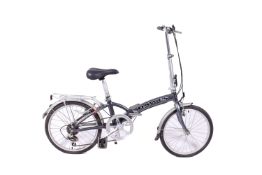 A Dawes Jack portable fold up bicycle with carry bag. Having six gears and a stand, etc.