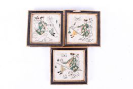 Three ceramic wall tiles decorated with a gentleman in a green coat - Eric Elliot.