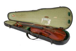 Early 20th Century violin bearing label for Ansaldo Poggi, dated 1929, with bow, cased.