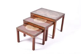 A mid century nest of three brass bound tables with map tops. Largest H45.5cm x W63.5cm x D45.