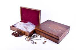 Two assorted inlaid wooden boxes and contents. Including costume jewellery and sewing thread, etc.