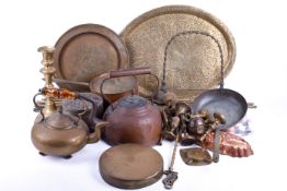 Collection of assorted copper and brassware. Including stair rods, jelly moulds and a gong, etc.