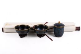 A set of three modern Chinese cloisonne items with a Chinese scroll picture.