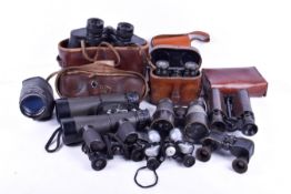 Eight pairs of vintage binoculars and a monocular. Including Orion 8x20 compact binoculars, etc.