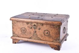 Brass bound hardwood tabletop chest.