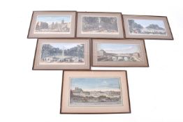 Six assorted 19th century hand coloured engravings. street scenes of mostly Paris and London.