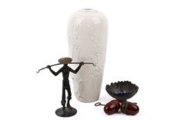 Three modern collectables, including a cream glazed peony vase.