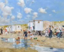 R. Fagan “bathing huts” an oil of an Edwardian scene in heavy guilt frame, gallery price £1450.