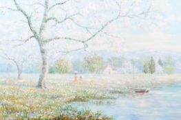 A large Impressionist style oil on canvas of children walking beside a lake with spring blossom.