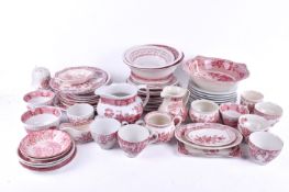 A quantity of assorted pink transfer printed ceramic tableware.