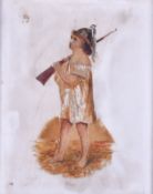 A porcelain plaque painted with a figure carrying a gun. 15cm x 20.5cm, framed. 27cm x 30.