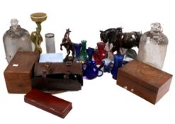 A group of miscellaneous items. Including two demi johns. wooden boxes, horse ceramics (a.