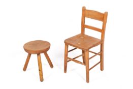 A 20th century elm child's chair together with a three legged elm milking stool.