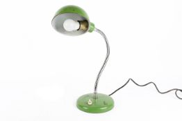 A mid-century Italian gooseneck desk lamp, with green shade and circular base.
