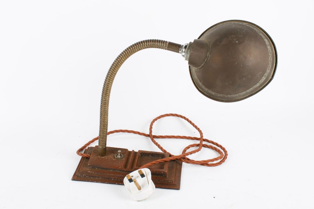 A circa 1930s gooseneck desk lamp with a cast metal rectangular base. - Image 3 of 3