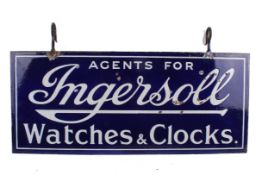 'Ingersoll Watches & Clocks' blue enamel advertising double sided sign.