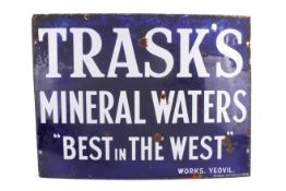 'Trask's Mineral Waters Best In The West, Yeovil' blue enamel advertising sign. 61cm x 45.