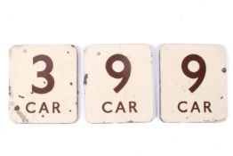 Three enamel railway station platform stop markers. 30.5cm x 35.