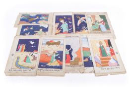 Ten book sheets with hand painted biblical scenes and script to the verso.