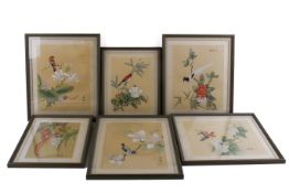 Six Chinese watercolours on paper of birds and flowers.