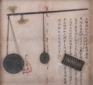 A set of Chinese balance scales in a frame.