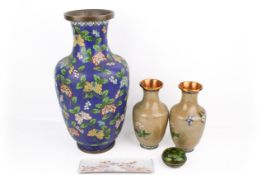 A group of assorted 20th century cloisonné vases and other items.