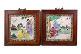 A pair of 20th century Chinese painted tiles.