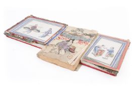 Two sets of Chinese rice paper pictures and a Japanese crepe paper book.