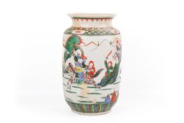 An early 20th century Chinese baluster vase. Decorated with warriors between patterned borders.