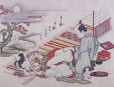 A Japanese erotic art Shunga print - bedroom scene after Okumura Masanobu (1686-1764).