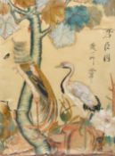 An early 20th century Japanese watercolour painting on silk of a crane and a peacock.