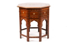 An Anglo-Indian inlaid octagonal tray and folding stand.