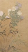 A Chinese Qing Dynasty watercolour painting on silk of a bird on a rock.