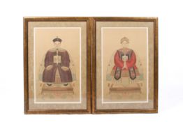 A pair of Chinese ancestor portrait watercolour paintings on silk.
