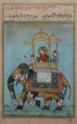 An Indian miniature painting of figures riding an elephant.