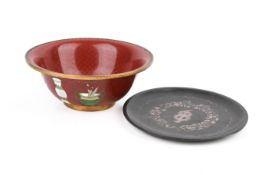 A 20th century Chinese cloisonné bowl and a metal dish.