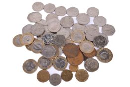 A collection of assorted modern GB 50p and £2 coins.