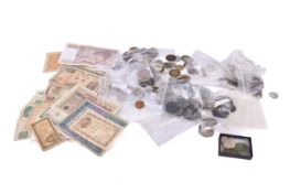 A collection of mainly 20th century world coins and banknotes.