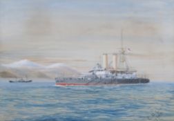 A 20th century watercolour 'H.M.S. Collingwood in the Mediterranean'.