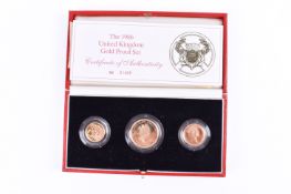 1986 GB gold set - double sovereign, sovereign and half sovereign. 28g of 22ct gold, cased no.
