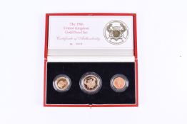 1986 GB gold set - double sovereign, sovereign and half sovereign. 28g of 22ct gold, cased no.