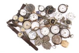 Box of assorted vintage silver and nickel cased pocket watches and wristwatches.