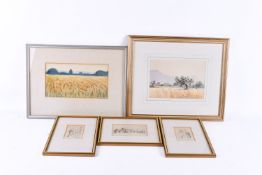 A group of five assorted framed and glazed pictures.