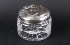 Topazio engraved glass 'powder puff' jar and stamped silver plate cover. Star cut base, diameter 14.