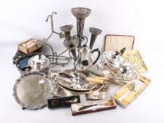 A collection of assorted silver plate. Including a Mappin & Webb tea set and an epergne, etc.